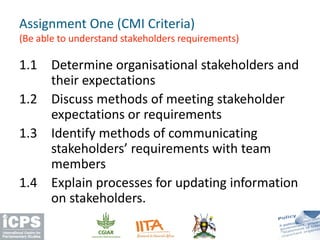 1.1 Determine organisational stakeholders and
their expectations
1.2 Discuss methods of meeting stakeholder
expectations or requirements
1.3 Identify methods of communicating
stakeholders’ requirements with team
members
1.4 Explain processes for updating information
on stakeholders.
Assignment One (CMI Criteria)
(Be able to understand stakeholders requirements)
 