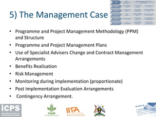 • Programme and Project Management Methodology (PPM)
and Structure
• Programme and Project Management Plans
• Use of Specialist Advisers Change and Contract Management
Arrangements
• Benefits Realisation
• Risk Management
• Monitoring during implementation (proportionate)
• Post Implementation Evaluation Arrangements
• Contingency Arrangement.
5) The Management Case
 
