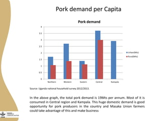 Pork demand per Capita
0
0.5
1
1.5
2
2.5
3
3.5
4
Northern Western Eastern Central Kampala
Pork demand
Urban(Mts)
Rural(Mts)
Source: Uganda national household survey 2012/2013.
In the above graph, the total pork demand is 19Mts per annum. Most of it is
consumed in Central region and Kampala. This huge domestic demand is good
opportunity for pork producers in the country and Masaka Union farmers
could take advantage of this and make business
 