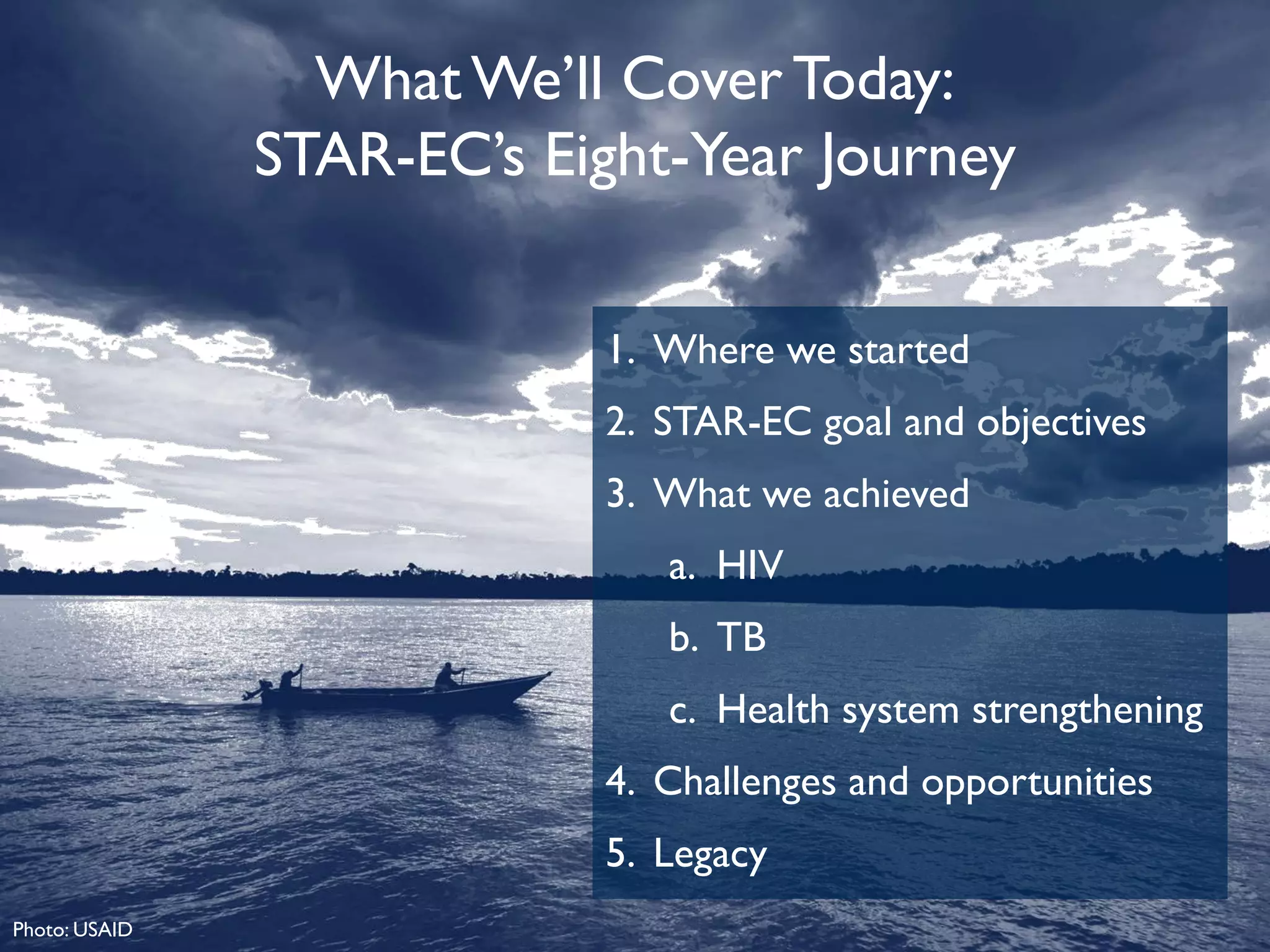 What We’ll Cover Today:
STAR-EC’s Eight-Year Journey
1. Where we started
2. STAR-EC goal and objectives
3. What we achieved
a. HIV
b. TB
c. Health system strengthening
4. Challenges and opportunities
5. Legacy
Photo: USAID
 
