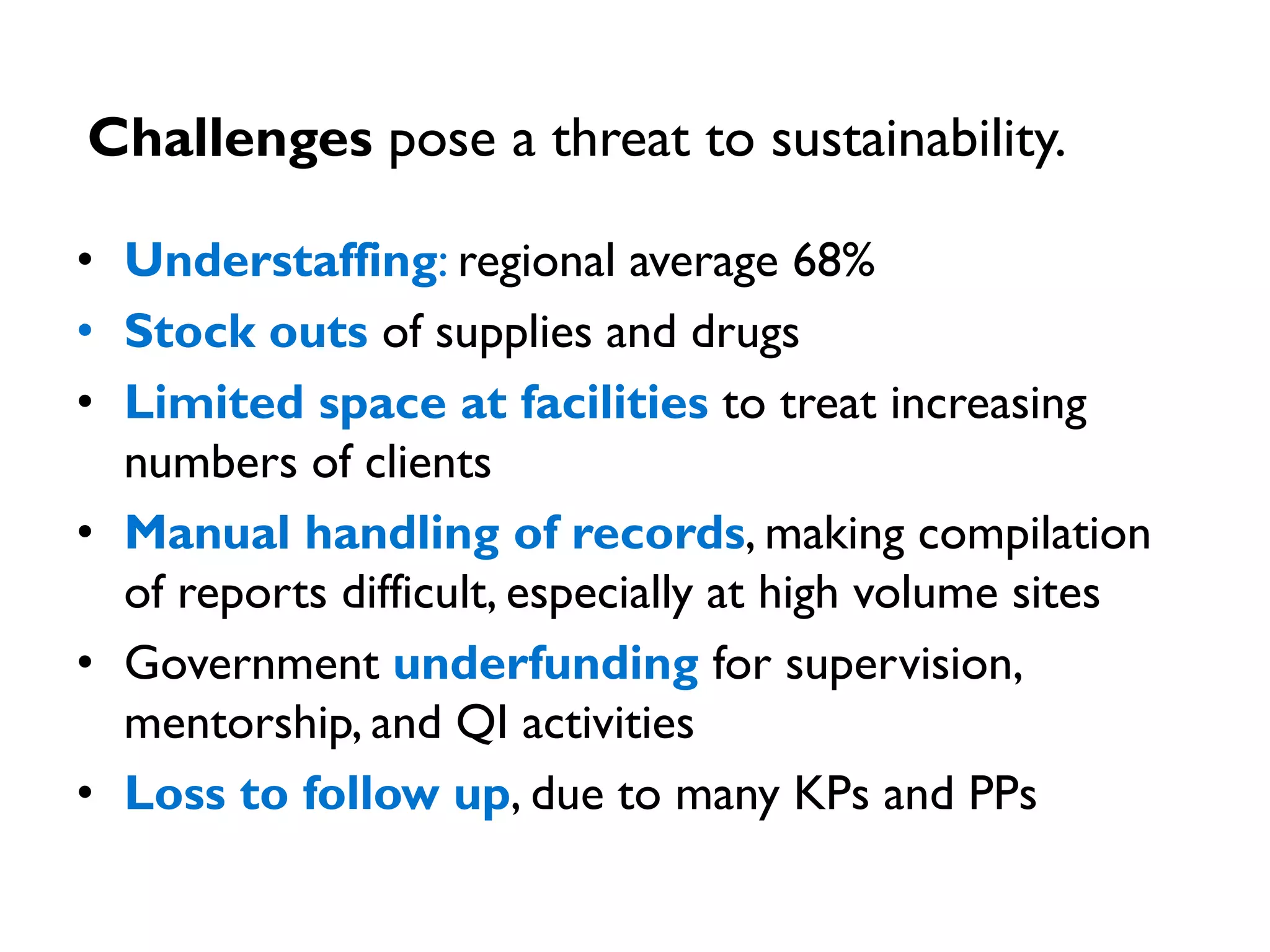 • Understaffing: regional average 68%
• Stock outs of supplies and drugs
• Limited space at facilities to treat increasing
numbers of clients
• Manual handling of records, making compilation
of reports difficult, especially at high volume sites
• Government underfunding for supervision,
mentorship, and QI activities
• Loss to follow up, due to many KPs and PPs
Challenges pose a threat to sustainability.
 