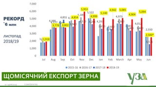 Українська зернова асоціація
Ukrainian Grain Association19/06/2019 CONFIDENTIEL10
ЩОМІСЯЧНИЙ ЕКСПОРТ ЗЕРНА
РЕКОРД
`6 млн
листопад
2018/19
1,949
4,388
4,085
4,785
5,189
5,522
4,297
3,262
4,973
3,693
4,012
2,550
1,786
4,177
4,855
3,940
4,310 4,261
3,650 3,600
4,300
3,400 3,400
1,571
1,918
3,778 3,802
4,854
5,953
4,999
5,140
4,942 5,085
4,904
5,094
2,500*
0
1,000
2,000
3,000
4,000
5,000
6,000
7,000
Jul Aug Sep Oct Nov Dec Jan Feb March Apr May Jun
2015-16 2016-17 2017-18 2018-19
 