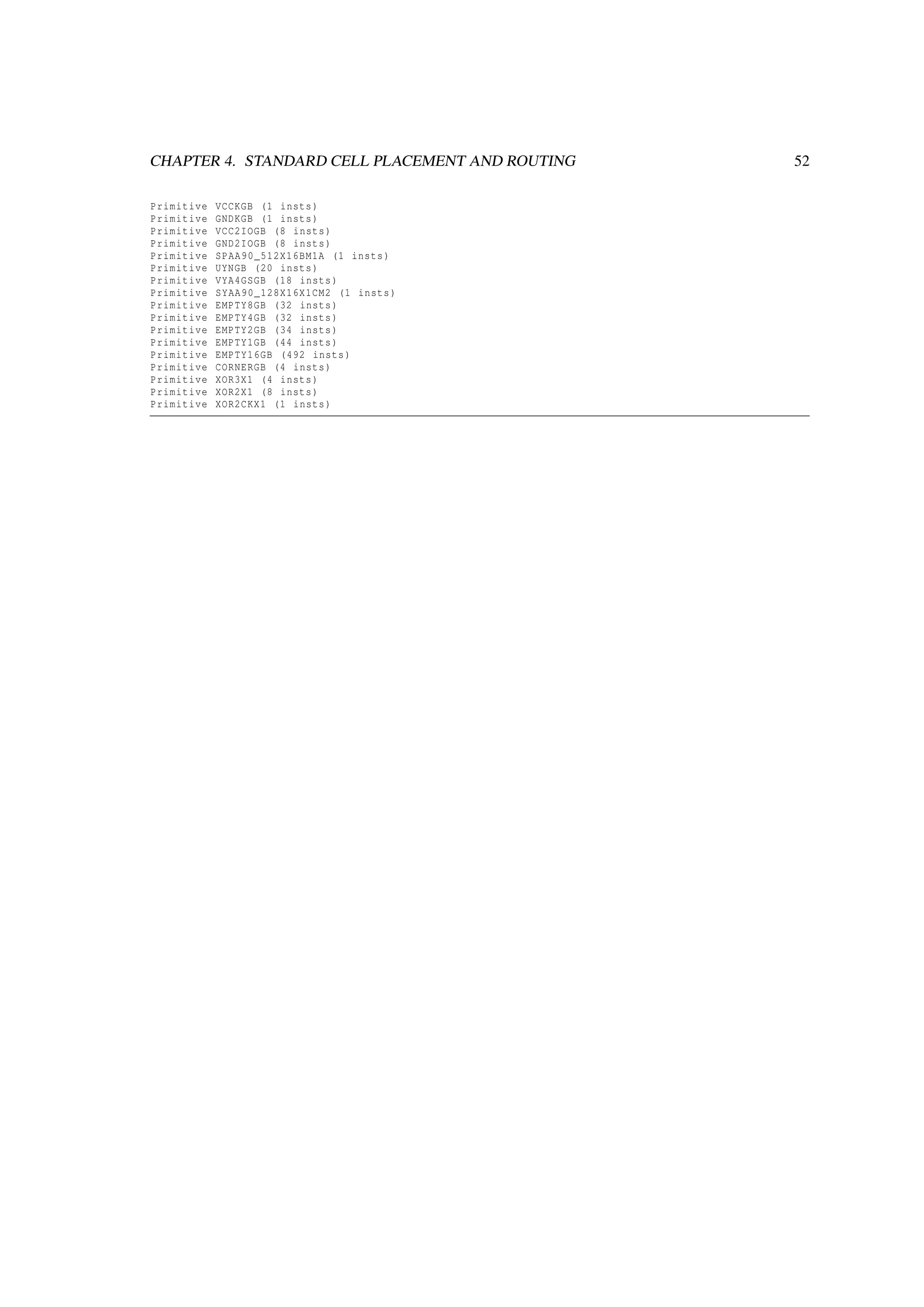 CHAPTER 4. STANDARD CELL PLACEMENT AND ROUTING 52
Primitive VCCKGB (1 insts)
Primitive GNDKGB (1 insts)
Primitive VCC2IOGB (8 insts)
Primitive GND2IOGB (8 insts)
Primitive SPAA90_512X16BM1A (1 insts)
Primitive UYNGB (20 insts)
Primitive VYA4GSGB (18 insts)
Primitive SYAA90_128X16X1CM2 (1 insts)
Primitive EMPTY8GB (32 insts)
Primitive EMPTY4GB (32 insts)
Primitive EMPTY2GB (34 insts)
Primitive EMPTY1GB (44 insts)
Primitive EMPTY16GB (492 insts)
Primitive CORNERGB (4 insts)
Primitive XOR3X1 (4 insts)
Primitive XOR2X1 (8 insts)
Primitive XOR2CKX1 (1 insts)
 