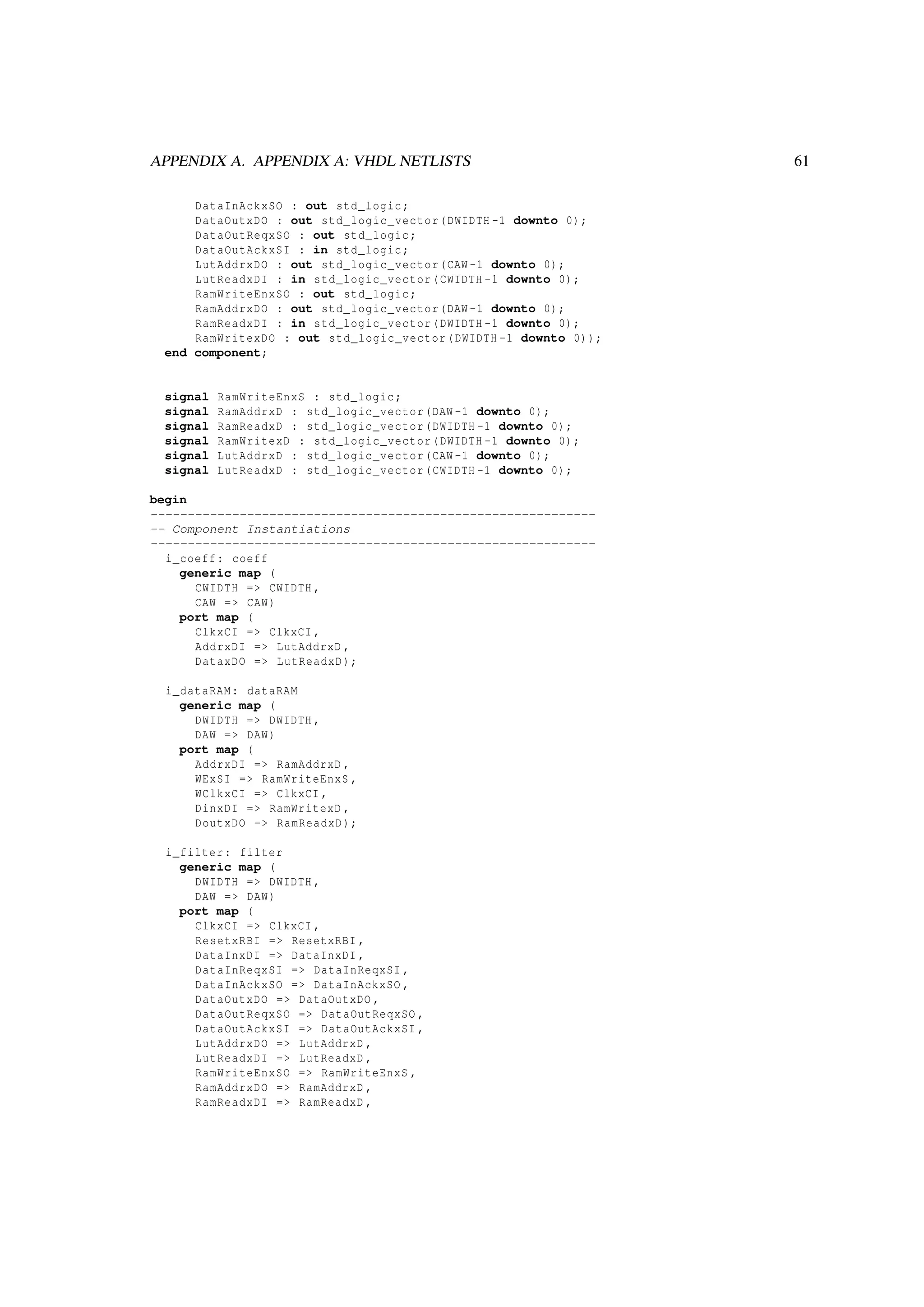 APPENDIX A. APPENDIX A: VHDL NETLISTS 61
DataInAckxSO : out std_logic;
DataOutxDO : out std_logic_vector(DWIDTH -1 downto 0);
DataOutReqxSO : out std_logic;
DataOutAckxSI : in std_logic;
LutAddrxDO : out std_logic_vector(CAW -1 downto 0);
LutReadxDI : in std_logic_vector(CWIDTH -1 downto 0);
RamWriteEnxSO : out std_logic;
RamAddrxDO : out std_logic_vector(DAW -1 downto 0);
RamReadxDI : in std_logic_vector(DWIDTH -1 downto 0);
RamWritexDO : out std_logic_vector(DWIDTH -1 downto 0));
end component;
signal RamWriteEnxS : std_logic;
signal RamAddrxD : std_logic_vector(DAW -1 downto 0);
signal RamReadxD : std_logic_vector(DWIDTH -1 downto 0);
signal RamWritexD : std_logic_vector(DWIDTH -1 downto 0);
signal LutAddrxD : std_logic_vector(CAW -1 downto 0);
signal LutReadxD : std_logic_vector(CWIDTH -1 downto 0);
begin
------------------------------------------------------------
-- Component Instantiations
------------------------------------------------------------
i_coeff: coeff
generic map (
CWIDTH => CWIDTH ,
CAW => CAW)
port map (
ClkxCI => ClkxCI ,
AddrxDI => LutAddrxD ,
DataxDO => LutReadxD);
i_dataRAM: dataRAM
generic map (
DWIDTH => DWIDTH ,
DAW => DAW)
port map (
AddrxDI => RamAddrxD ,
WExSI => RamWriteEnxS ,
WClkxCI => ClkxCI ,
DinxDI => RamWritexD ,
DoutxDO => RamReadxD);
i_filter: filter
generic map (
DWIDTH => DWIDTH ,
DAW => DAW)
port map (
ClkxCI => ClkxCI ,
ResetxRBI => ResetxRBI ,
DataInxDI => DataInxDI ,
DataInReqxSI => DataInReqxSI ,
DataInAckxSO => DataInAckxSO ,
DataOutxDO => DataOutxDO ,
DataOutReqxSO => DataOutReqxSO ,
DataOutAckxSI => DataOutAckxSI ,
LutAddrxDO => LutAddrxD ,
LutReadxDI => LutReadxD ,
RamWriteEnxSO => RamWriteEnxS ,
RamAddrxDO => RamAddrxD ,
RamReadxDI => RamReadxD ,
 