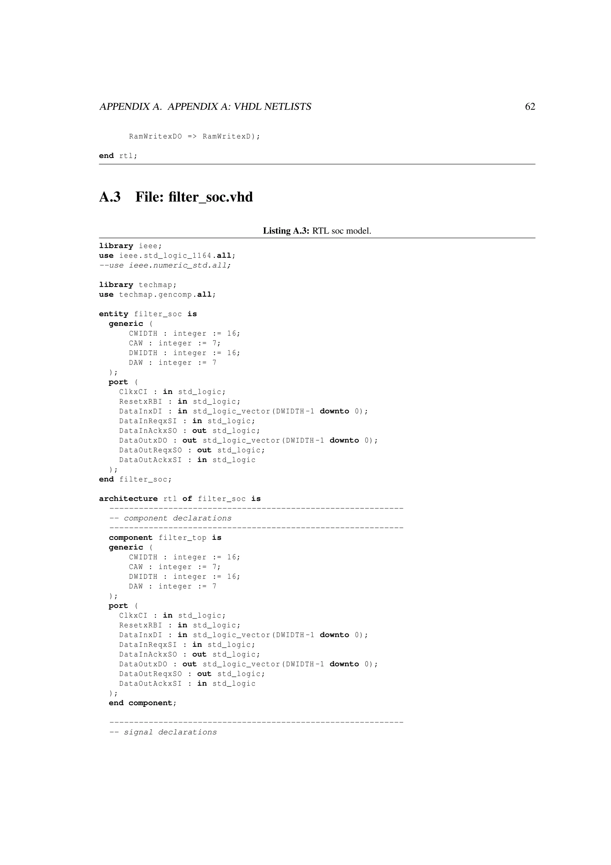 APPENDIX A. APPENDIX A: VHDL NETLISTS 62
RamWritexDO => RamWritexD);
end rtl;
A.3 File: ﬁlter_soc.vhd
Listing A.3: RTL soc model.
library ieee;
use ieee.std_logic_1164.all;
--use ieee.numeric_std.all;
library techmap;
use techmap.gencomp.all;
entity filter_soc is
generic (
CWIDTH : integer := 16;
CAW : integer := 7;
DWIDTH : integer := 16;
DAW : integer := 7
);
port (
ClkxCI : in std_logic;
ResetxRBI : in std_logic;
DataInxDI : in std_logic_vector(DWIDTH -1 downto 0);
DataInReqxSI : in std_logic;
DataInAckxSO : out std_logic;
DataOutxDO : out std_logic_vector(DWIDTH -1 downto 0);
DataOutReqxSO : out std_logic;
DataOutAckxSI : in std_logic
);
end filter_soc;
architecture rtl of filter_soc is
------------------------------------------------------------
-- component declarations
------------------------------------------------------------
component filter_top is
generic (
CWIDTH : integer := 16;
CAW : integer := 7;
DWIDTH : integer := 16;
DAW : integer := 7
);
port (
ClkxCI : in std_logic;
ResetxRBI : in std_logic;
DataInxDI : in std_logic_vector(DWIDTH -1 downto 0);
DataInReqxSI : in std_logic;
DataInAckxSO : out std_logic;
DataOutxDO : out std_logic_vector(DWIDTH -1 downto 0);
DataOutReqxSO : out std_logic;
DataOutAckxSI : in std_logic
);
end component;
------------------------------------------------------------
-- signal declarations
 