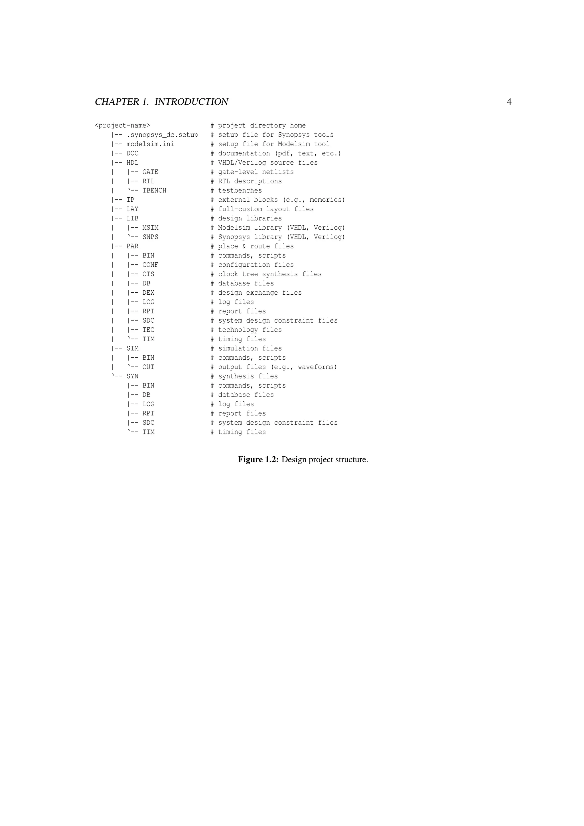 CHAPTER 1. INTRODUCTION 4
<project-name> # project directory home
|-- .synopsys_dc.setup # setup file for Synopsys tools
|-- modelsim.ini # setup file for Modelsim tool
|-- DOC # documentation (pdf, text, etc.)
|-- HDL # VHDL/Verilog source files
| |-- GATE # gate-level netlists
| |-- RTL # RTL descriptions
| ‘-- TBENCH # testbenches
|-- IP # external blocks (e.g., memories)
|-- LAY # full-custom layout files
|-- LIB # design libraries
| |-- MSIM # Modelsim library (VHDL, Verilog)
| ‘-- SNPS # Synopsys library (VHDL, Verilog)
|-- PAR # place & route files
| |-- BIN # commands, scripts
| |-- CONF # configuration files
| |-- CTS # clock tree synthesis files
| |-- DB # database files
| |-- DEX # design exchange files
| |-- LOG # log files
| |-- RPT # report files
| |-- SDC # system design constraint files
| |-- TEC # technology files
| ‘-- TIM # timing files
|-- SIM # simulation files
| |-- BIN # commands, scripts
| ‘-- OUT # output files (e.g., waveforms)
‘-- SYN # synthesis files
|-- BIN # commands, scripts
|-- DB # database files
|-- LOG # log files
|-- RPT # report files
|-- SDC # system design constraint files
‘-- TIM # timing files
Figure 1.2: Design project structure.
 