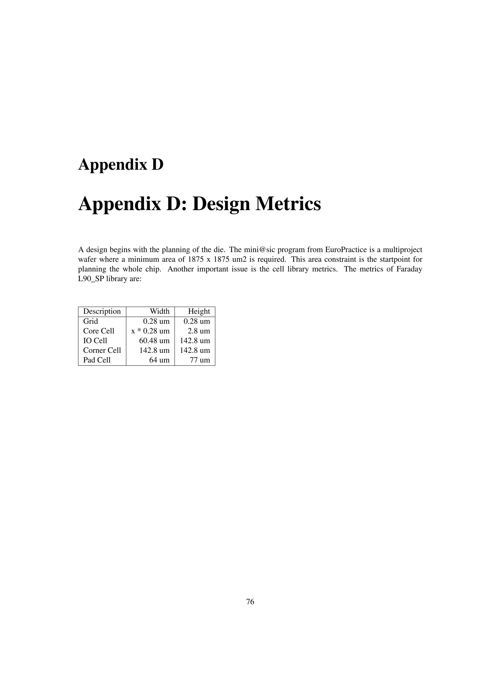 Appendix D
Appendix D: Design Metrics
A design begins with the planning of the die. The mini@sic program from EuroPractice is a multiproject
wafer where a minimum area of 1875 x 1875 um2 is required. This area constraint is the startpoint for
planning the whole chip. Another important issue is the cell library metrics. The metrics of Faraday
L90_SP library are:
Description Width Height
Grid 0.28 um 0.28 um
Core Cell x * 0.28 um 2.8 um
IO Cell 60.48 um 142.8 um
Corner Cell 142.8 um 142.8 um
Pad Cell 64 um 77 um
76
 