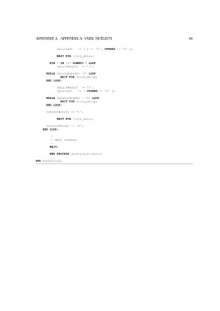 APPENDIX A. APPENDIX A: VHDL NETLISTS 66
DataInxDI <= ( 0 => ’1’, OTHERS => ’0’ );
WAIT FOR clock_delay;
FOR I IN 127 DOWNTO 0 LOOP
DataInReqxSI <= ’1’;
WHILE DataInAckxSO= ’0’ LOOP
WAIT FOR clock_delay;
END LOOP;
DataInReqxSI <= ’0’;
DataInxDI <= ( OTHERS => ’0’ );
WHILE DataOutReqxSO = ’0’ LOOP
WAIT FOR clock_delay;
END LOOP;
DataOutAckxSI <= ’1’;
WAIT FOR clock_delay;
DataOutAckxSI <= ’0’;
END LOOP;
--
-- Wait forever.
--
WAIT;
END PROCESS generate_stimulus;
END behavioral;
 