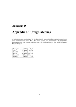 Appendix D
Appendix D: Design Metrics
A design begins with the planning of the die. The mini@sic program from EuroPractice is a multiproject
wafer where a minimum area of 1875 x 1875 um2 is required. This area constraint is the startpoint for
planning the whole chip. Another important issue is the cell library metrics. The metrics of Faraday
L90_SP library are:
Description Width Height
Grid 0.28 um 0.28 um
Core Cell x * 0.28 um 2.8 um
IO Cell 60.48 um 142.8 um
Corner Cell 142.8 um 142.8 um
Pad Cell 64 um 77 um
76
 