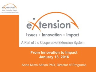 From Innovation to Impact
January 13, 2016
Anne Mims Adrian PhD, Director of Programs
 