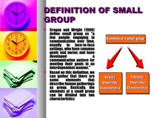 DEFINITION OF SMALLDEFINITION OF SMALL
GROUPGROUP
 Cragan and Wright (1999)Cragan and Wright (1999)
define small group as "adefine small group as "a
few people engaging infew people engaging in
communication over time,communication over time,
usually in face-to-faceusually in face-to-face
settings, who have commonsettings, who have common
goals and norms and havegoals and norms and have
developed adeveloped a
communication pattern forcommunication pattern for
meeting their goals in anmeeting their goals in an
interdependent manner."interdependent manner."
 Based on this definition, weBased on this definition, we
can gather that there arecan gather that there are
some elements thatsome elements that
describe human gatheringsdescribe human gatherings
as group. Basically, theas group. Basically, the
elements of a small groupelements of a small group
can be divided into twocan be divided into two
characteristicscharacteristics
 