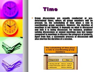 TimeTime
 Group discussions are usually conducted at pre-Group discussions are usually conducted at pre-
determined times, where all group members will bedetermined times, where all group members will be
present. So, the scheduling of time plays a role inpresent. So, the scheduling of time plays a role in
coordinating group members. However, the duration ofcoordinating group members. However, the duration of
meetings is not limited. It depends on what is discussedmeetings is not limited. It depends on what is discussed
and how it is being discussed. For instance, problem-and how it is being discussed. For instance, problem-
solving discussions or annual meetings may last longersolving discussions or annual meetings may last longer
compared to meetings to discuss the progress of projects.compared to meetings to discuss the progress of projects.
Apart from that, a systematic process of discussion willApart from that, a systematic process of discussion will
also shorten the duration of a session.also shorten the duration of a session.
 