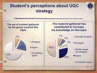 Student’s perceptions about UGC
              strategy

The set of content gathered        The material gathered has
 by the group covered this          contributed to increase
            topic                  my knowledge on this topic

       7%                               7%          Strongly disagree
                                             7%
                     Disagree                 7%    Disagree
            21%      Agree        50%
                                                    Neither agree
                                                    nor disagree
                     Completely
72%                  agree                          Agree
                                             29%
                                                    Completely agree

                                                               21
 