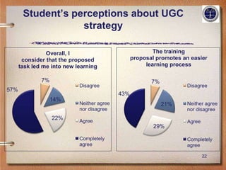 Student’s perceptions about UGC
                   strategy

                Overall, I                                The training
       consider that the proposed                 proposal promotes an easier
      task led me into new learning                    learning process

              7%                                         7%
                            Disagree                                 Disagree
57%
                                            43%
                   14%
                            Neither agree                     21%    Neither agree
                            nor disagree                             nor disagree
                   22%      Agree                                    Agree
                                                          29%

                            Completely                               Completely
                            agree                                    agree

                                                                             22
 