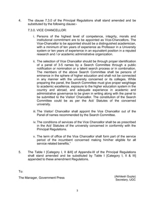 3
4. The clause 7.3.0 of the Principal Regulations shall stand amended and be
substituted by the following clause:-
7.3.0. VICE CHANCELLOR:
i. Persons of the highest level of competence, integrity, morals and
institutional commitment are to be appointed as Vice-Chancellors. The
Vice-Chancellor to be appointed should be a distinguished academician,
with a minimum of ten years of experience as Professor in a University
system or ten years of experience in an equivalent position in a reputed
research and / or academic administrative organization.
ii. The selection of Vice Chancellor should be through proper identification
of a panel of 3-5 names by a Search Committee through a public
notification or nomination or a talent search process or in combination.
The members of the above Search Committee shall be persons of
eminence in the sphere of higher education and shall not be connected
in any manner with the university concerned or its colleges. While
preparing the panel, the Search Committee must give proper weightage
to academic excellence, exposure to the higher education system in the
country and abroad, and adequate experience in academic and
administrative governance to be given in writing along with the panel to
be submitted to the Visitor/ Chancellor. The constitution of the Search
Committee could be as per the Act/ Statutes of the concerned
university.
iii. The Visitor/ Chancellor shall appoint the Vice Chancellor out of the
Panel of names recommended by the Search Committee.
iv. The conditions of services of the Vice Chancellor shall be as prescribed
in the Act/ Statutes of the university concerned in conformity with the
Principal Regulations.
v. The term of office of the Vice Chancellor shall form part of the service
period of the incumbent concerned making him/her eligible for all
service related benefits.”
5. The Table I [Category I, II &III] of Appendix-III of the Principal Regulations
shall stand amended and be substituted by Table I [Category I, II & III]
appended to these amendment Regulations.
To:
The Manager, Government Press (Akhilesh Gupta)
Secretary, UGC
 