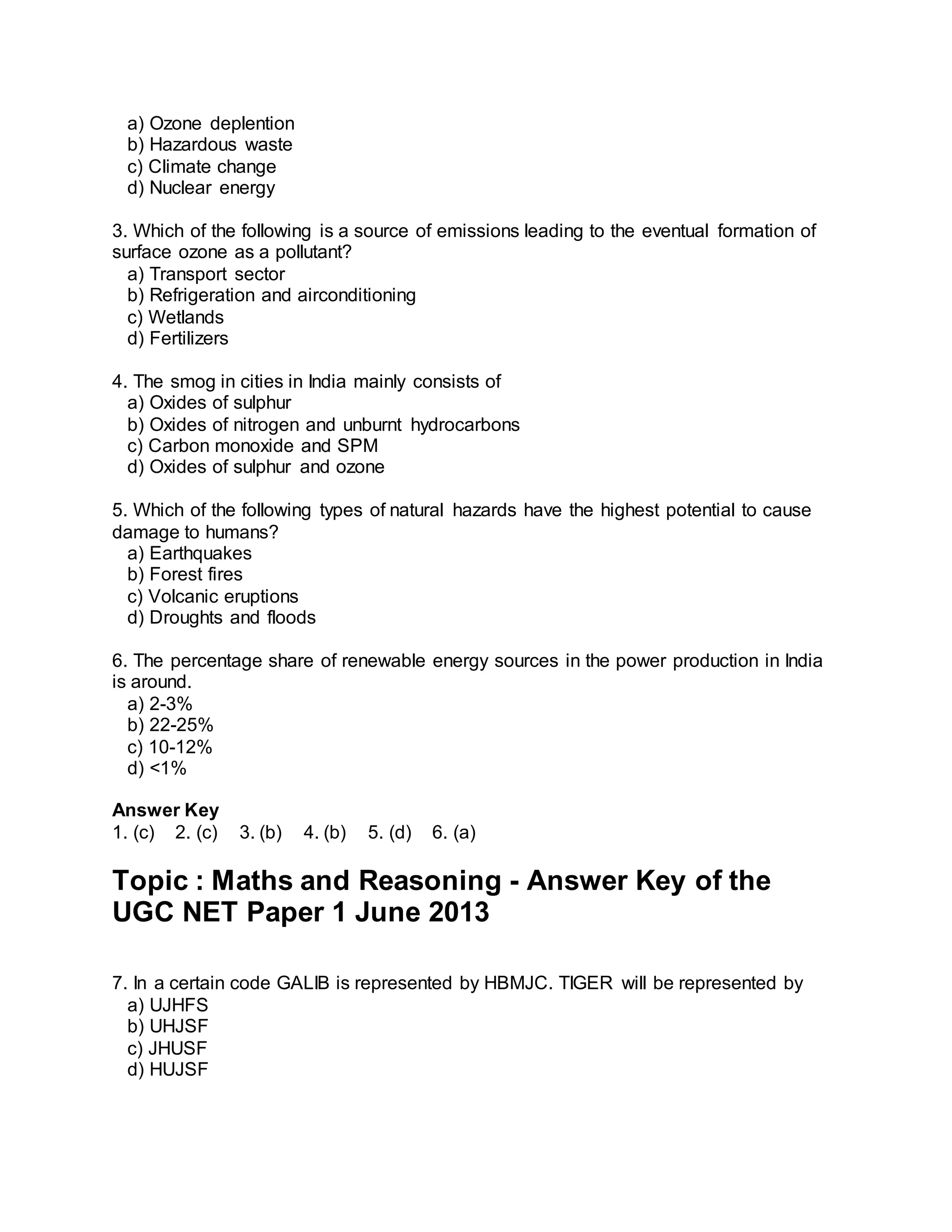 a) Ozone deplention 
b) Hazardous waste 
c) Climate change 
d) Nuclear energy 
3. Which of the following is a source of emissions leading to the eventual formation of 
surface ozone as a pollutant? 
a) Transport sector 
b) Refrigeration and airconditioning 
c) Wetlands 
d) Fertilizers 
4. The smog in cities in India mainly consists of 
a) Oxides of sulphur 
b) Oxides of nitrogen and unburnt hydrocarbons 
c) Carbon monoxide and SPM 
d) Oxides of sulphur and ozone 
5. Which of the following types of natural hazards have the highest potential to cause 
damage to humans? 
a) Earthquakes 
b) Forest fires 
c) Volcanic eruptions 
d) Droughts and floods 
6. The percentage share of renewable energy sources in the power production in India 
is around. 
a) 2-3% 
b) 22-25% 
c) 10-12% 
d) <1% 
Answer Key 
1. (c) 2. (c) 3. (b) 4. (b) 5. (d) 6. (a) 
Topic : Maths and Reasoning - Answer Key of the 
UGC NET Paper 1 June 2013 
7. In a certain code GALIB is represented by HBMJC. TIGER will be represented by 
a) UJHFS 
b) UHJSF 
c) JHUSF 
d) HUJSF 
 