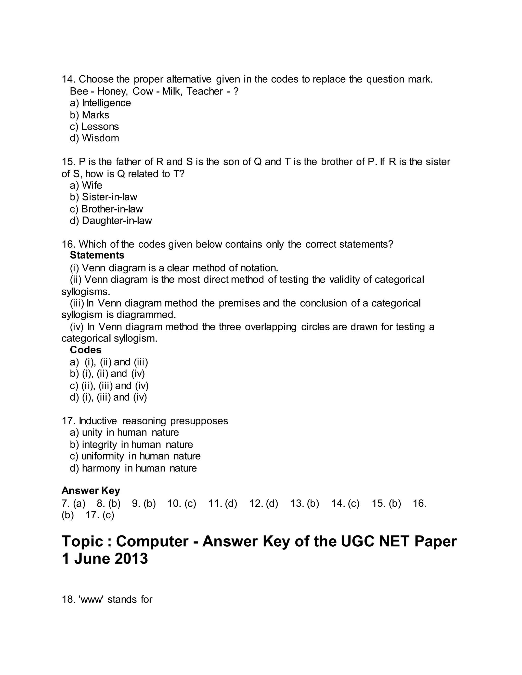14. Choose the proper alternative given in the codes to replace the question mark. 
Bee - Honey, Cow - Milk, Teacher - ? 
a) Intelligence 
b) Marks 
c) Lessons 
d) Wisdom 
15. P is the father of R and S is the son of Q and T is the brother of P. If R is the sister 
of S, how is Q related to T? 
a) Wife 
b) Sister-in-law 
c) Brother-in-law 
d) Daughter-in-law 
16. Which of the codes given below contains only the correct statements? 
Statements 
(i) Venn diagram is a clear method of notation. 
(ii) Venn diagram is the most direct method of testing the validity of categorical 
syllogisms. 
(iii) In Venn diagram method the premises and the conclusion of a categorical 
syllogism is diagrammed. 
(iv) In Venn diagram method the three overlapping circles are drawn for testing a 
categorical syllogism. 
Codes 
a) (i), (ii) and (iii) 
b) (i), (ii) and (iv) 
c) (ii), (iii) and (iv) 
d) (i), (iii) and (iv) 
17. Inductive reasoning presupposes 
a) unity in human nature 
b) integrity in human nature 
c) uniformity in human nature 
d) harmony in human nature 
Answer Key 
7. (a) 8. (b) 9. (b) 10. (c) 11. (d) 12. (d) 13. (b) 14. (c) 15. (b) 16. 
(b) 17. (c) 
Topic : Computer - Answer Key of the UGC NET Paper 
1 June 2013 
18. 'www' stands for 
 