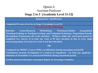 Option A
Assistant Professor
Stage 2 to 3 [Academic Level 11-12]
Requirement / Qualification
Completed 05 years of service in Stage 2 [Academic Level 11]
Any two of the following
Refresher Course/Research Methodology/ Workshop/Syllabus Up-gradation
Workshop/Training in Teaching-Learning and Evaluation/Technology Programmes/Faculty
Development Programmes (02 weeks duration – 10 Days) within the Assessment period (or
completed two courses of at least one week or 05 days duration in lieu of every single
course/programme of at least two week or ten days duration)
OR
Completed one MOOCs Course (With e-certification) during assessment period OR
Contribution towards development of e-content in 4-quadrant - (at least one quadrant -
minimum of 10 modules of a course/contribution) during assessment period
Verified annual performance assessment Report by Screening Committee
 