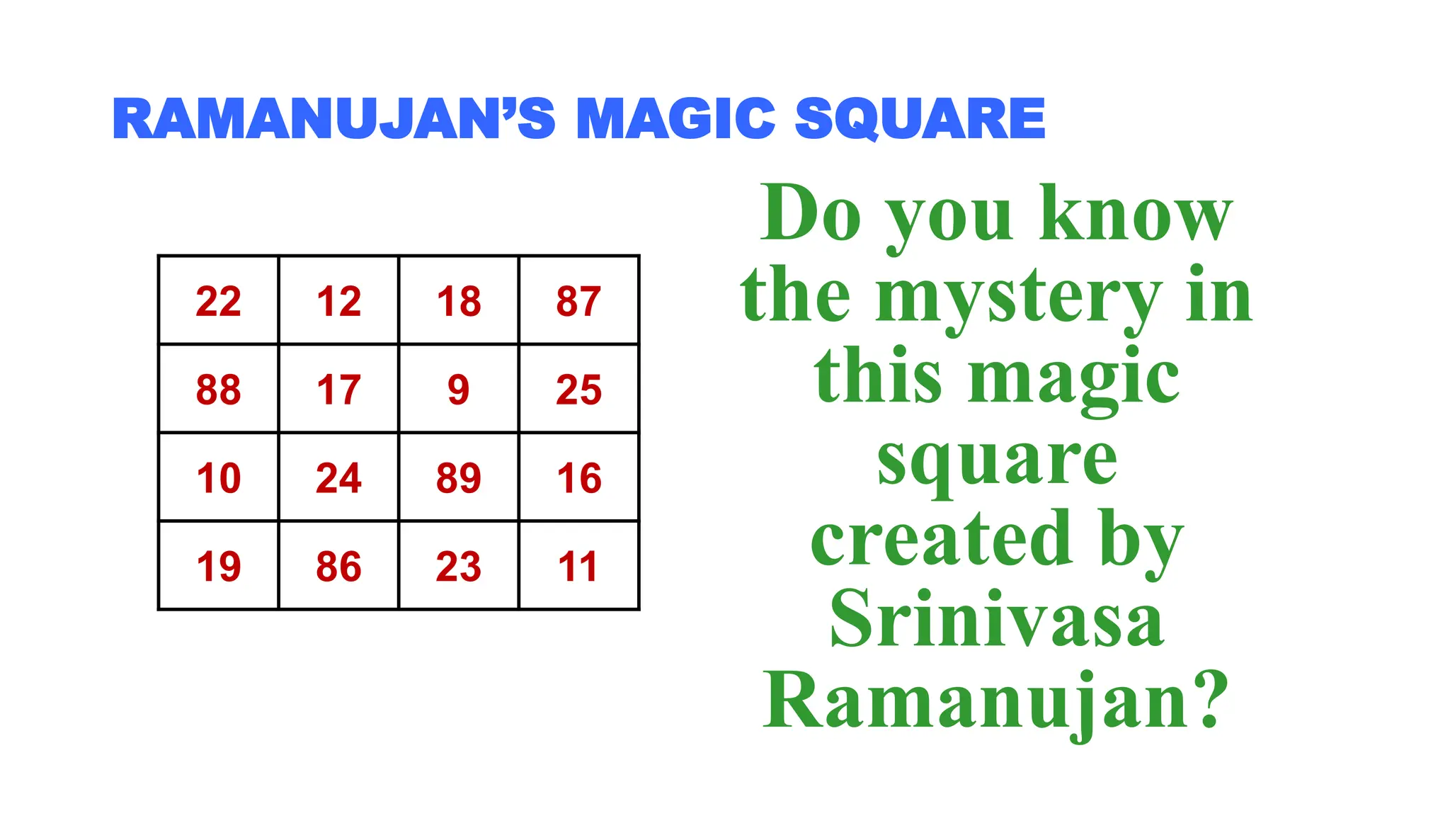 RAMANUJAN’S MAGIC SQUARE
22 12 18 87
88 17 9 25
10 24 89 16
19 86 23 11
Do you know
the mystery in
this magic
square
created by
Srinivasa
Ramanujan?
 