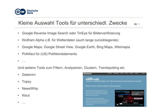 26 / 5Kleine Auswahl Tools für unterschiedl. Zwecke
• Google Reverse Image Search oder TinEye für Bilderverifizierung
• Wolfram Alpha z.B. für Wetterdaten (auch lange zurückliegende)
• Google Maps, Google Street View, Google Earth, Bing Maps, Wikimapia
• Politifact für (US) Politikerstatements
• …
Und weitere Tools zum Filtern, Analysieren, Clustern, Trendspotting etc
• Dataminr
• Topsy
• NewsWhip
• Klout
• …
 
