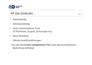 27 / 5All das bedeutet…
• Zeitaufwändig
• Arbeitsaufwändig
• Viele unterschiedliche Tools
(IT Richtlinien, Support, Schulungen etc)(IT Richtlinien, Support, Schulungen etc)
• Neue Workflows
• Oftmals Insel/Einzellösungen
>>Es gibt aktuell kein (integriertes) Tool, dass alle journalistischen
Bedürfnisse befriedigt
 