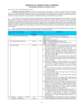 - 1 -
HINDUSTAN AERONAUTICS LIMITED
ACCESSORIES DIVISION, LUCKNOW- 226 016
Advt. No. HAL-ADL/1201/01/2014 dated 23-12-2014
Hindustan Aeronautics Ltd (HAL), a Navratna Central Public Sector Undertaking, is a premier Aeronautical Industry of South East
Asia, with 21 Production/Overhaul/Service Divisions and 10 co-located R&D Centres spread across the Country. HAL’s spectrum of expertise
encompasses design, development, manufacture, repair, overhaul and upgrade of Aircraft, Helicopters, Aero-engines, Industrial & Marine Gas
Turbines, wide range of Accessories, Avionics & Systems and Structural Components for Satellite & Launch Vehicles.
2. HAL, over the last seven decades, has grown progressively into an integrated Aerospace Organization with the indigenous design &
development of Advanced Light Helicopter (ALH-Dhruv), Intermediate Jet Trainer (IJT) & Light Combat Aircraft (LCA-Tejas). The ongoing
major projects & programmes include ALH (both in military & Civil roles), IJT, LCA, Pilotless Target Aircraft (PTA), Su-30 MKI, Hawk
(Advanced Jet Trainer) & Dornier-228 (Light Transport Aircraft). Aligning with the emerging future requirements, HAL has conceptualized the
indigenous development of Light Combat Helicopter (LCH), Basic Turboprop Trainer Aircraft (HTT-40), Light Utility Helicopter (LUH) & Indian
Multi-Role Helicopter (IMRH). HAL will co-design & co-develop the Fifth Generation Fighter Aircraft & Multi Role Transport Aircraft with
foreign partners.
3. HAL, Accessories Division, Lucknow is looking for appointment as Senior Medical Officer (Grade-III)-(Ophthalmology & Physician),
Security Officer (Grade-II) & Assistant Engineer (Russian Translation / Interpretation) (Grade-I).
Sl.
No.
Name of Post & Discipline No. of Post
&
Reservation
Grade Qualification
1. Sr. Medical Officer (Ophthalmology) 01 (UR) III MBBS+ Post Graduate Degree in Ophthalmology. OR
MBBS+ Post Graduate Diploma in Ophthalmology with 1 year
experience. OR
MBBS with 2 years experience.
2. Sr. Medical Officer (Physician) 01 (UR) III MBBS + Post Graduate Degree in Medicine OR
MBBS + Post Graduate Diploma with 1 year experience. OR
MBBS + 2 years experience
3. Security Officer 01 (OBC) II i) Successful completion of ten months pre-commission training
course from the officers’ Training School, Madras or from any
other equivalent Institution under the Defence Forces; OR.
ii) Successful completion of one to one and a half years course
conducted by the Central/State Governments qualifying for
appointment as Deputy Superintendent of Police/Sub-Inspectors in
State Police, Railway Protection Force, Central Reserve Police,
Border Security Force; OR
iii) Successful completion of one year training course conducted by
Central Government for those selected for the posts of Intelligence
officers in the Central Intelligence Bureau and Research and
Analysis Wing; OR
iv) Successful completion of Training conducted by the Central
Government for candidates selected for the post of Sub Inspectors
in the CISF or successful completion of one year training
conducted by Home Ministry, Government of India, for SI in CBI;
OR
v) 52 weeks training course of Instructions for IAF Police in the rank
of Sergeant, Junior Warrant Officer, Warrant Officer and Master
Warrant Officer; OR
vi) Two years PG Degree (M.Sc.) in Forensic Science & Criminology
acquired after (10+2+3); OR
vii)Two years PG Degree (MA) in the following subjects, acquired
after Graduation (10+2+3):-
MA-Sociology / Economics/ Psychology/ Public Administration/
Criminology/ Political Science/ Anthropology/ Human Rights/
Media Studies/ Social Policy/ Public Policy; OR
viii)Bachelor’s Degree with 2 years PG Degree / PG Diploma/ MBA/
MSW/ MA(3/4+2 years after 10+2) with specialization in Human
Resources / Personnel Management/ Industrial Relations/ Labor
Management/Organizational Development/ Human Resource
Development/ Labor Welfare etc., from Institutes/ Universities
recognized by appropriate statutory authorities.
Note: Candidates possessing the qualifications indicated at Sl.Nos (i)
to (v) and who apply for the post will be called for Written Test .
The condition of minimum 60% of marks in the qualifying
examination for calling candidates for Written Test (Grade-II)
would apply only in respect of the qualifications indicated at Sl.
Nos (vi) to (viii).
4. Assistant Engineer (Russian
Translation / Interpretation) *
02
( 1 post for
I i) Degree in Engineering / Technology or its equivalent + proficiency
in Russian language from recognized Universities/ Institutes. OR
 