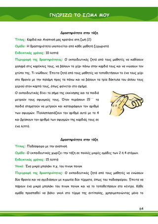 ΓΝΩΡΙΖΩ ΤΟ ΣΩΜΑ ΜΟΥ



                               ∆ραστηριότητα στην τάξη

Τίτλος: Καρδιά και Αναπνοή μας κρατάνε στη ζωή (2)

Ομάδα: Η δραστηριότητα υλοποιείται από κάθε μαθητή ξεχωριστά

Ενδεικτικός χρόνος: 10 λεπτά

Περιγραφή της δραστηριότητας: Ο εκπαιδευτικός ζητά από τους μαθητές να καθίσουν

χαλαρά στις καρέκλες τους, να βάλουν το χέρι πάνω στην καρδιά τους και να νιώσουν τον

χτύπο της. Τι νιώθουν; Έπειτα ζητά από τους μαθητές να τοποθετήσουν το ένα τους χέρι

στο θρανίο με την παλάμη προς τα πάνω και να βάλουν τα τρία δάκτυλα του άλλου τους

χεριού στον καρπό τους, όπως φαίνεται στο σχήμα.

Ο εκπαιδευτικός δίνει το σήμα της εκκίνησης και τα παιδιά

μετρούν τους σφυγμούς τους. Όταν περάσουν 15΄΄ τα

παιδιά σταματούν να μετρούν και καταγράφουν τον αριθμό

των σφυγμών. Πολλαπλασιάζουν τον αριθμό αυτό με το 4

και βρίσκουν τον αριθμό των σφυγμών της καρδιάς τους σε

ένα λεπτό.



                               ∆ραστηριότητα στην τάξη

Τίτλος: Ποδόσφαιρο με την αναπνοή

Ομάδα: Ο εκπαιδευτικός χωρίζει την τάξη σε πολλές μικρές ομάδες των 2 ή 4 ατόμων.

Ενδεικτικός χρόνος: 15 λεπτά

Υλικά: Ένα μικρό μπαλάκι π.χ. του πινγκ πονγκ

Περιγραφή της δραστηριότητας: Ο εκπαιδευτικός ζητά από τους μαθητές να ενώσουν

δύο θρανία και να σχεδιάσουν με κιμωλία δύο τέρματα, όπως του ποδοσφαίρου. Έπειτα να

πάρουν ένα μικρό μπαλάκι του πινγκ πονγκ και να το τοποθετήσουν στο κέντρο. Κάθε

ομάδα προσπαθεί να βάλει γκολ στο τέρμα της αντίπαλης, χρησιμοποιώντας μόνο το



                                                                                    64
 