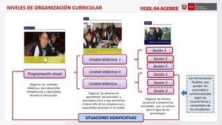NIVELES DE ORGANIZACIÓN CURRICULAR
Organiza las unidades
didácticas para desarrollar
competencias y capacidades
durante el año escolar.
Organiza las sesiones de
aprendizaje secuenciadas y
articuladas entre sí que permitirán
el desarrollo de las competencias y
capacidades previstas en la unidad.
Unidad didáctica …
Unidad didáctica II
Unidad didáctica I
Son herramientas
flexibles, que
pueden ser
precisadas y
contextualizadas
según las
características y
necesidades de
los estudiantes.
SITUACIONES SIGNIFICATIVAS
Sesión 3
Organiza de manera
secuencial y temporal las
actividades que se realizan
para el logro de los
aprendizajes.
Sesión 2
Sesión 1
Sesión 3
Sesión 2
Sesión 1Programación anual
 