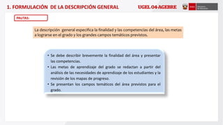 1. FORMULACIÓN DE LA DESCRIPCIÓN GENERAL
PAUTAS:
La descripción general especifica la finalidad y las competencias del área, las metas
a lograrse en el grado y los grandes campos temáticos previstos.
• Se debe describir brevemente la finalidad del área y presentar
las competencias.
• Las metas de aprendizaje del grado se redactan a partir del
análisis de las necesidades de aprendizaje de los estudiantes y la
revisión de los mapas de progreso.
• Se presentan los campos temáticos del área previstos para el
grado.
 