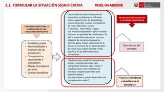 CONSIDERACIONES PARA LA
ELABORACIÓN DE UNA
SITUACIÓN SIGNIFICATIVA
• Contextos reales
• Potencialidades e
intereses de los
estudiantes
• Competencias,
capacidades e
indicadores
• Mapas de progreso
por ciclo
• Campos temáticos
Los estudiantes de primer grado de
secundaria se disponen a enfrentar
nuevas experiencias de aprendizaje,
nuevos docentes, nuevos compañeros
de clase, diferentes cursos
y horarios, entre otros. Llegan
con muchas expectativas pero no todos
lo hacen en igualdad de condiciones. De
allí, la importancia de contar con una
dotación de herramientas que les
permita ganar mayor autonomía en la
lectura y escritura de los diversos tipos
de textos que usarán durante el año
escolar y en las diferentes áreas
curriculares.
¿Qué procesos y qué herramientas de
lectura necesito aprender para
comprender diversos tipos textos ?
¿Qué procesos y herramientas de
escritura requiero aprender para
producir textos?
¿De qué manera puedo desarrollar mis
competencias orales?
PAUTAS para la formulación de
la SITUACIÓN SIGNIFICATIVA
Descripción del
contexto
Preguntas retadoras
o desafiantes al
estudiante
2.1. FORMULAR LA SITUACIÓN SIGNIFICATIVA
 
