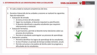 1. En cada unidad se evaluará competencias del área.
2. Durante el desarrollo de las unidades y sesiones se realizará los siguientes
tipos de evaluación:
• Evaluación de entrada.
• Se toma al inicio del año escolar.
• Según los resultados, el docente reajustará su planificación.
• El docente identificará a aquellos estudiantes que requieren
reforzamiento o nivelación.
• Evaluación formativa.
• Es permanente y permite al docente tomar decisiones sobre sus
procesos de enseñanza.
• Permite al estudiante autorregular sus procesos de aprendizaje.
• Evaluación sumativa
• Permitirá identificar los logros de aprendizaje de los estudiantes.
• Se da al finalizar un periodo de tiempo (unidad, bimestre, anual).
• Permite comunicar a los padres de familia sobre los progresos y
dificultades de los estudiantes.
5. DETERMINACIÓN DE LAS ORIENTACIONES PARA LA EVALUACIÓN
 