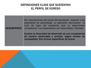 DEFINICIONES CLAVE QUE SUSTENTAN
EL PERFIL DE EGRESO
DESEMPEÑOS
Son descripciones del actuar del estudiante respecto a los
estándares de aprendizaje, su aplicación demuestran el
nivel del logro del estudiante ante un determinada
competencia. Los desempeños son observables y flexibles.
Ilustran la diversidad de desarrollo de una competencia
de manera observable y precisa, según niveles de
complejidad. Son formas específicas de actuar
 