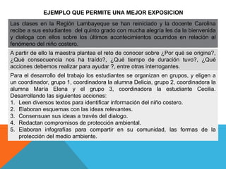 EJEMPLO QUE PERMITE UNA MEJOR EXPOSICION
Las clases en la Región Lambayeque se han reiniciado y la docente Carolina
recibe a sus estudiantes del quinto grado con mucha alegría les da la bienvenida
y dialoga con ellos sobre los últimos acontecimientos ocurridos en relación al
fenómeno del niño costero.
A partir de ello la maestra plantea el reto de conocer sobre ¿Por qué se origina?,
¿Qué consecuencia nos ha traído?, ¿Qué tiempo de duración tuvo?, ¿Qué
acciones debemos realizar para ayudar ?, entre otras interrogantes.
Para el desarrollo del trabajo los estudiantes se organizan en grupos, y eligen a
un coordinador, grupo 1, coordinadora la alumna Delicia, grupo 2, coordinadora la
alumna María Elena y el grupo 3, coordinadora la estudiante Cecilia.
Desarrollando las siguientes acciones:
1. Leen diversos textos para identificar información del niño costero.
2. Elaboran esquemas con las ideas relevantes.
3. Consensuan sus ideas a través del dialogo.
4. Redactan compromisos de protección ambiental.
5. Elaboran infografías para compartir en su comunidad, las formas de la
protección del medio ambiente.
 