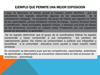 EJEMPLO QUE PERMITE UNA MEJOR EXPOSICION
Luego de efectuado el trabajo grupal la maestra puede identificar que los
estudiantes han logrado desarrollar algunas de las capacidades de la
competencia trabajada, ha excepción del grupo de Delicia que lograron el 100%
de las capacidades, porque estableció normas de trabajo, leyeron diversos textos
e identificaron ideas principales, llegando incluso a efectuar una línea de tiempo
de los fenómenos ocurridos en nuestra costa. Finalizando con una exposición
donde se demuestra lo aprendido.
Se ha logrado determinar que el grupo de la coordinadora Delicia ha logrado
comprender y hacer comprender a sus compañeros los cambios del
calentamiento global. Así mismo se comprometen a publicar sus infografías y
sensibilizar a la comunidad educativa como ayudar a mejor nuestro medio
ambiente.
En conclusión se demuestra pues que las competencias, capacidades, estándares
de aprendizaje y desempeños se encuentran relacionados en todo el proceso de
enseñanza – aprendizaje.
 