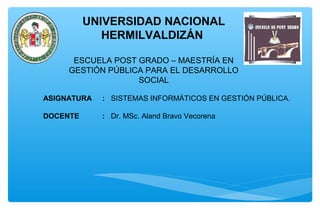 UNIVERSIDAD NACIONAL
HERMILVALDIZÁN
ESCUELA POST GRADO – MAESTRÍA EN
GESTIÓN PÚBLICA PARA EL DESARROLLO
SOCIAL
ASIGNATURA : SISTEMAS INFORMÁTICOS EN GESTIÓN PÚBLICA.
DOCENTE : Dr. MSc. Aland Bravo Vecorena
 
