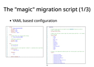 • YAML based configuration
The "magic" migration script (1/3)
15
 
