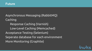 Future
Asynchronous Messaging (RabbitMQ)
Caching
Response Caching (Varnish)
Low-Level Caching (Memcached)
Acceptance Testing (Selenium)
Seperate database for each environment
More Monitoring (Graphite)
 