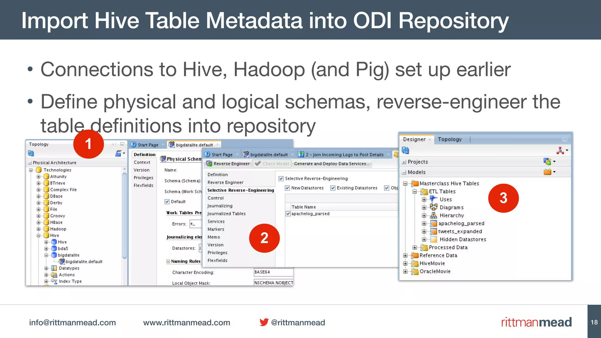 info@rittmanmead.com www.rittmanmead.com @rittmanmead
Import Hive Table Metadata into ODI Repository
• Connections to Hive, Hadoop (and Pig) set up earlier

• Define physical and logical schemas, reverse-engineer the
table definitions into repository

- Can be temperamental with tables using non-standard SerDes;
make sure JARs registered
18
1
2
3
 