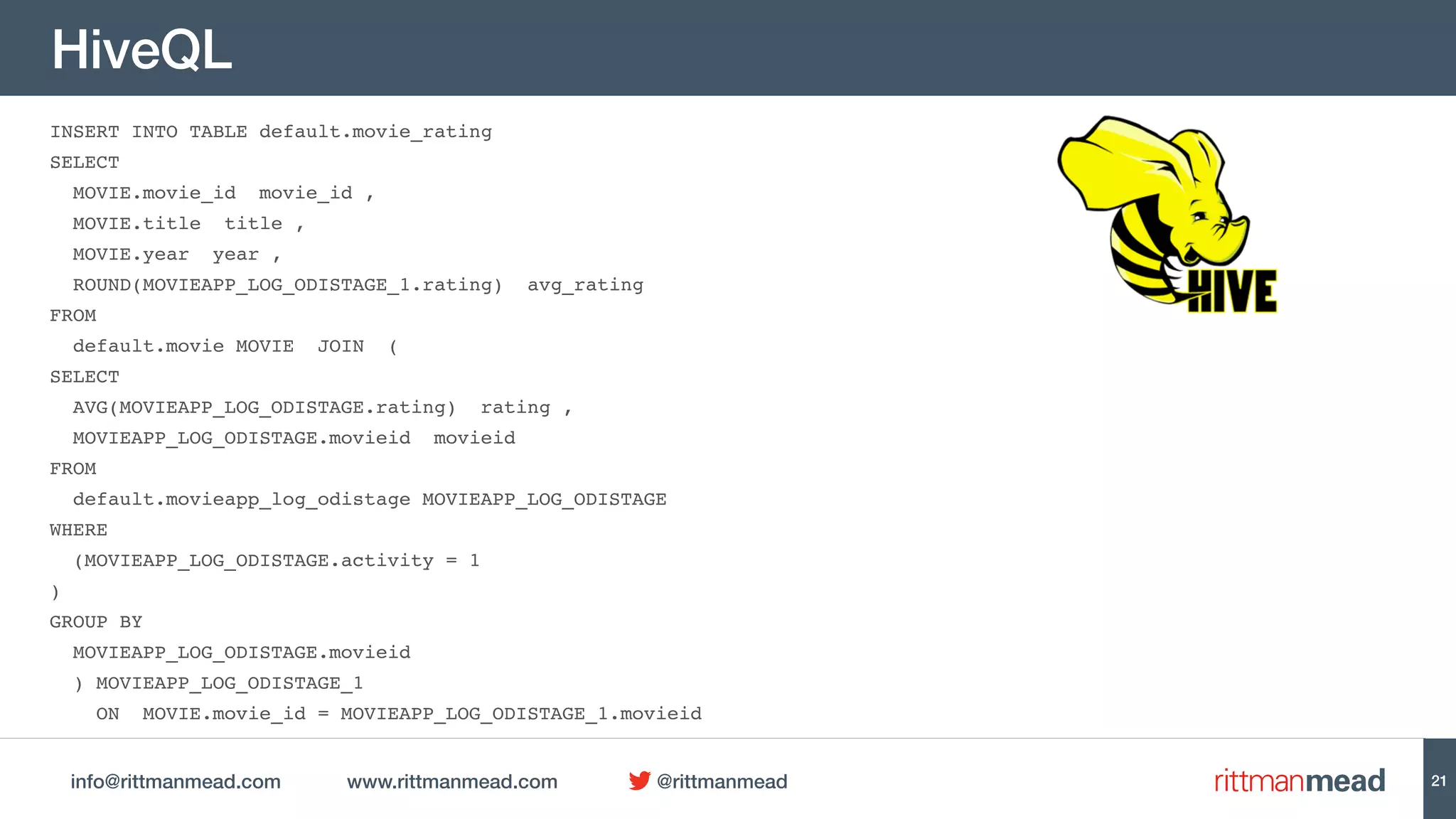 info@rittmanmead.com www.rittmanmead.com @rittmanmead
HiveQL
INSERT INTO TABLE default.movie_rating
SELECT
MOVIE.movie_id movie_id ,
MOVIE.title title ,
MOVIE.year year ,
ROUND(MOVIEAPP_LOG_ODISTAGE_1.rating) avg_rating
FROM
default.movie MOVIE JOIN (
SELECT
AVG(MOVIEAPP_LOG_ODISTAGE.rating) rating ,
MOVIEAPP_LOG_ODISTAGE.movieid movieid
FROM
default.movieapp_log_odistage MOVIEAPP_LOG_ODISTAGE
WHERE
(MOVIEAPP_LOG_ODISTAGE.activity = 1
)
GROUP BY
MOVIEAPP_LOG_ODISTAGE.movieid
) MOVIEAPP_LOG_ODISTAGE_1
ON MOVIE.movie_id = MOVIEAPP_LOG_ODISTAGE_1.movieid
21
 