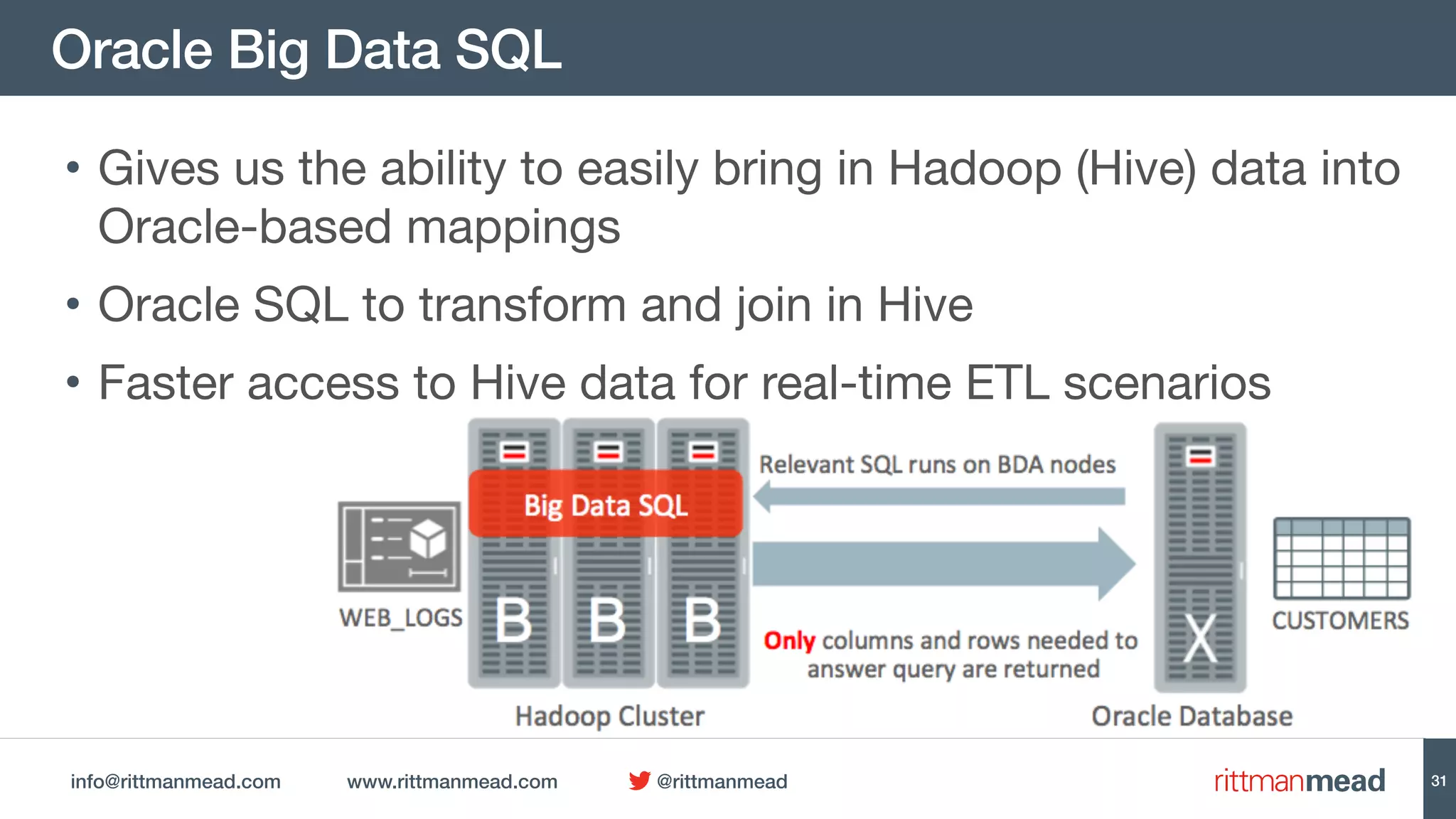 info@rittmanmead.com www.rittmanmead.com @rittmanmead
Oracle Big Data SQL
31
• Gives us the ability to easily bring in Hadoop (Hive) data into
Oracle-based mappings

• Oracle SQL to transform and join in Hive

• Faster access to Hive data for real-time ETL scenarios
 
