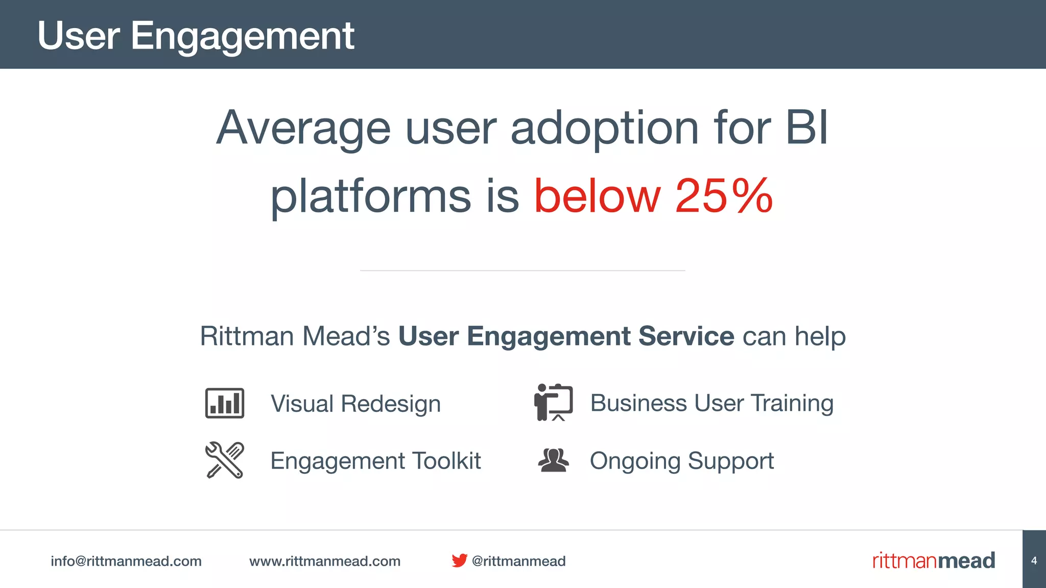 info@rittmanmead.com www.rittmanmead.com @rittmanmead
User Engagement
4
Visual Redesign Business User Training
Ongoing SupportEngagement Toolkit
Average user adoption for BI
platforms is below 25%
Rittman Mead’s User Engagement Service can help
 