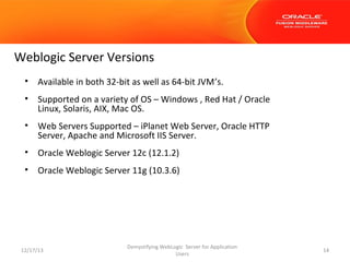 Weblogic Server Versions
•

Available in both 32-bit as well as 64-bit JVM’s.

•

Supported on a variety of OS – Windows , Red Hat / Oracle
Linux, Solaris, AIX, Mac OS.

•

Web Servers Supported – iPlanet Web Server, Oracle HTTP
Server, Apache and Microsoft IIS Server.

•

Oracle Weblogic Server 12c (12.1.2)

•

Oracle Weblogic Server 11g (10.3.6)

12/17/13

Demystifying WebLogic Server for Application
Users

14

 