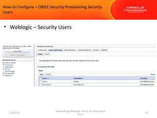How to Configure – OBIEE Security Provisioning Security
Users

• Weblogic – Security Users

12/17/13

Demystifying WebLogic Server for Application
Users

32

 