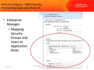 How to Configure – OBIEE Security
Provisioning Application Roles (2)

• Enterprise
Manager
– Mapping
Security
Groups and
Users to
Application
Roles

12/17/13

Demystifying WebLogic Server for Application
Users

35

 