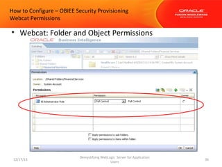 How to Configure – OBIEE Security Provisioning
Webcat Permissions

• Webcat: Folder and Object Permissions

12/17/13

Demystifying WebLogic Server for Application
Users

36

 