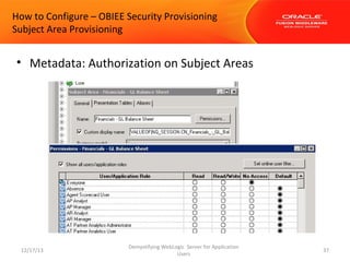 How to Configure – OBIEE Security Provisioning
Subject Area Provisioning

• Metadata: Authorization on Subject Areas

12/17/13

Demystifying WebLogic Server for Application
Users

37

 