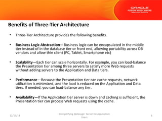 Benefits of Three-Tier Architecture
•

Three-Tier Architecture provides the following benefits.

•

Business Logic Abstraction—Business logic can be encapsulated in the middle
tier instead of in the database tier or front end, allowing portability across DB
vendors and allow thin client (PC, Tablet, Smartphone etc)

•

Scalability—Each tier can scale horizontally. For example, you can load-balance
the Presentation tier among three servers to satisfy more Web requests
without adding servers to the Application and Data tiers.

•

Performance—Because the Presentation tier can cache requests, network
utilization is minimized, and the load is reduced on the Application and Data
tiers. If needed, you can load-balance any tier.

•

Availability—If the Application tier server is down and caching is sufficient, the
Presentation tier can process Web requests using the cache.

12/17/13

Demystifying WebLogic Server for Application
Users

6

 
