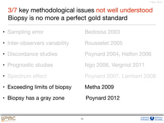 32
7 févr. 2012
• Sampling error 	 	 	 Bedossa 2003 

• Inter-observers variability 	 Rousselet 2005

• Discordance studies 	 	 Poynard 2004, Halfon 2006

• Prognostic studies 	 	 Ngo 2006, Vergniol 2011 

• Spectrum eﬀect 	 	 	 Poynard 2007, Lambert 2008

• Exceeding limits of biopsy 	 Metha 2009 

• Biopsy has a gray zone Poynard 2012
29
3/7 key methodological issues not well understood

Biopsy is no more a perfect gold standard
 