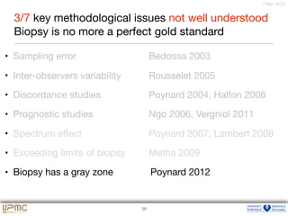 36
7 févr. 2012
• Sampling error 	 	 	 Bedossa 2003 

• Inter-observers variability 	 Rousselet 2005

• Discordance studies 	 	 Poynard 2004, Halfon 2006

• Prognostic studies 	 	 Ngo 2006, Vergniol 2011 

• Spectrum eﬀect 	 	 	 Poynard 2007, Lambert 2008

• Exceeding limits of biopsy 	 Metha 2009 

• Biopsy has a gray zone Poynard 2012
29
3/7 key methodological issues not well understood

Biopsy is no more a perfect gold standard
 