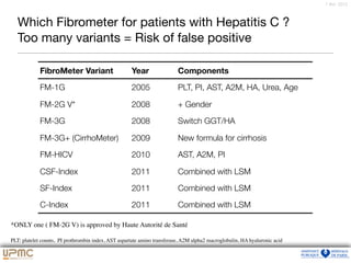 7 févr. 2012
Which Fibrometer for patients with Hepatitis C ? 

Too many variants = Risk of false positive
FibroMeter Variant Year Components
FM-1G 2005 PLT, PI, AST, A2M, HA, Urea, Age
FM-2G V* 2008 + Gender
FM-3G 2008 Switch GGT/HA
FM-3G+ (CirrhoMeter) 2009 New formula for cirrhosis
FM-HICV 2010 AST, A2M, PI
CSF-Index 2011 Combined with LSM
SF-Index 2011 Combined with LSM
C-Index 2011 Combined with LSM
*ONLY one ( FM-2G V) is approved by Haute Autorité de Santé
PLT: platelet counts, PI prothrombin index, AST aspartate amino transferase, A2M alpha2 macroglobulin, HA hyaluronic acid
 